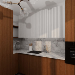 Cuisine bois noyer et plan de travail marbre d'automne