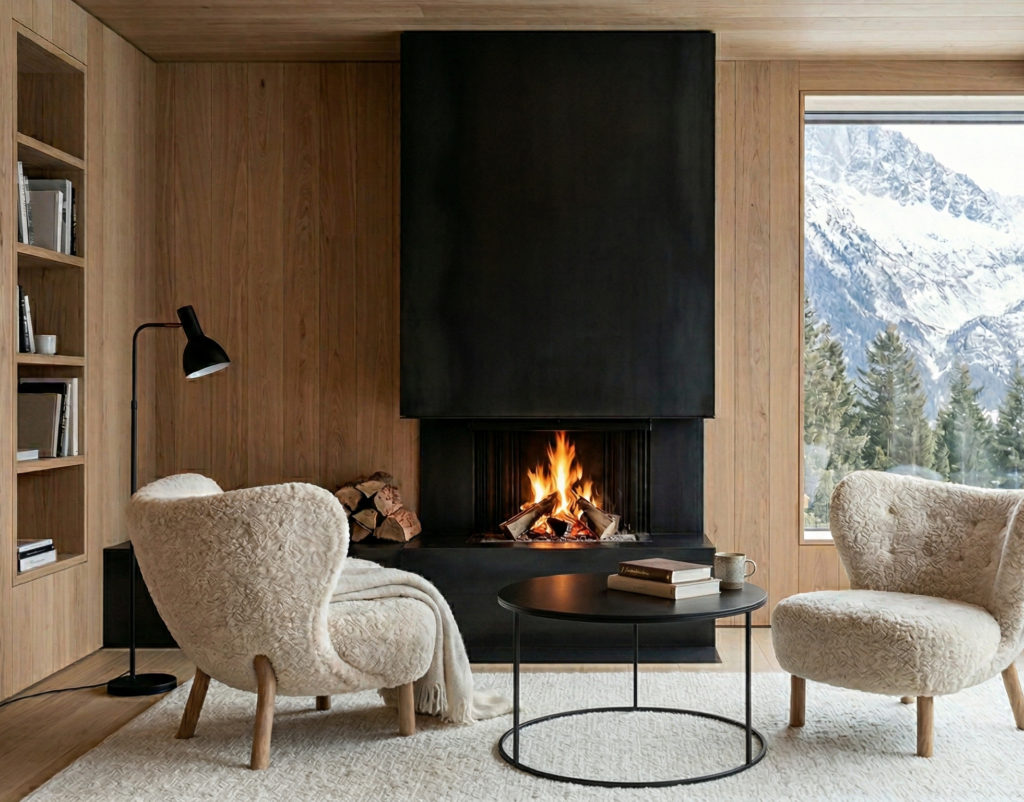 Coin lecture d'un chalet de luxe en Savoie avec fauteuil en laine et vue sur les cimes enneigées.