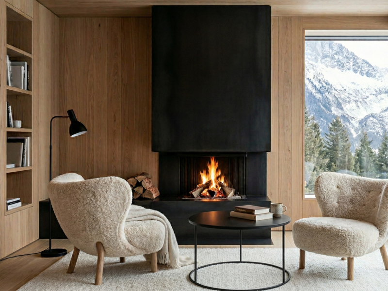 Coin lecture d'un chalet de luxe en Savoie avec fauteuil en laine et vue sur les cimes enneigées.
